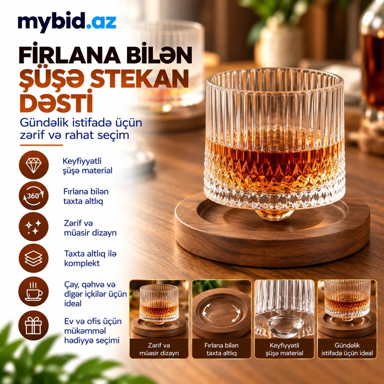 Fırlanan Şüşə Stəkan və Taxta Altlıq Dəsti