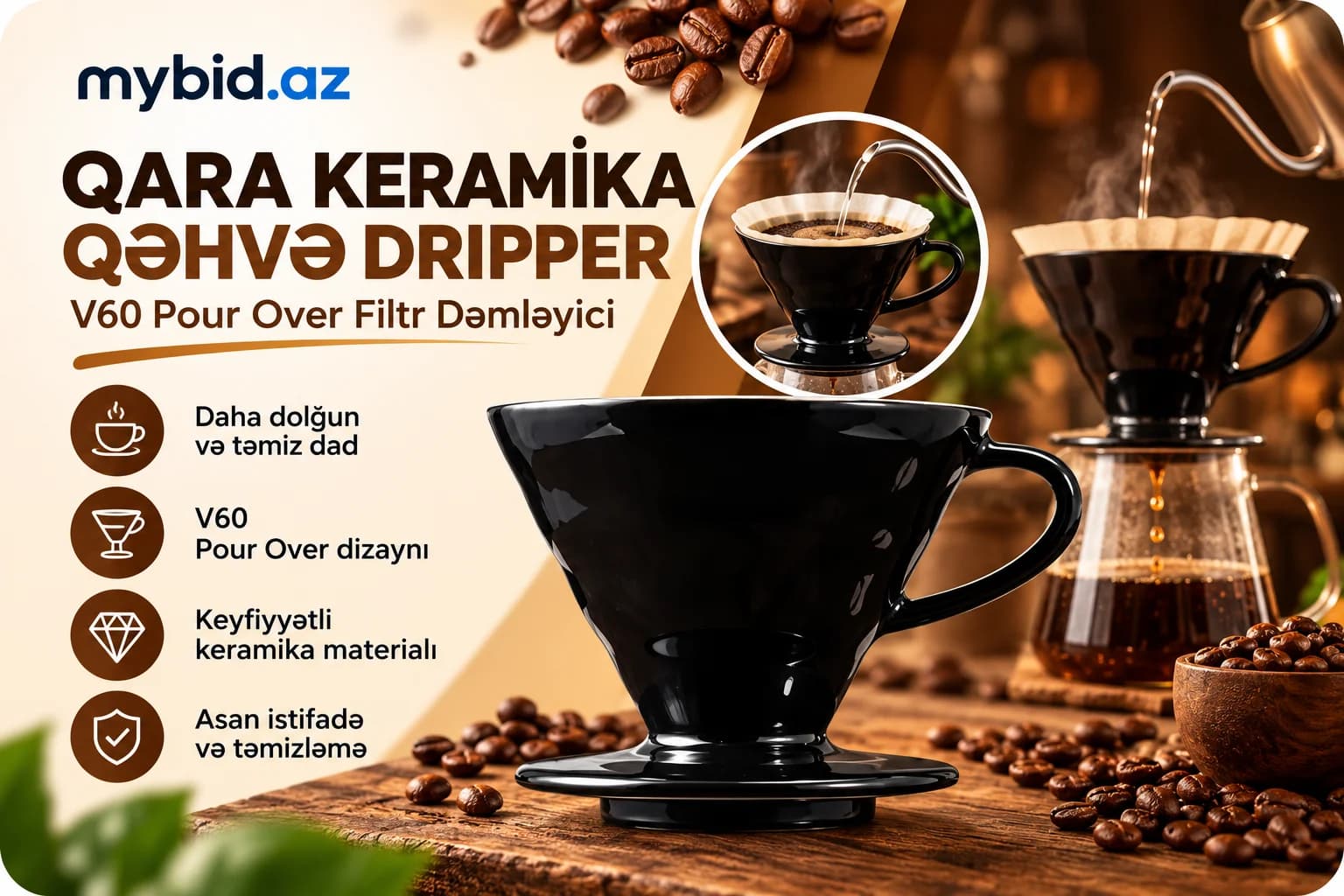 Keramika Qəhvə Dripper – V60 Pour Over Filtr Dəmləyici (Tünd Rəng)